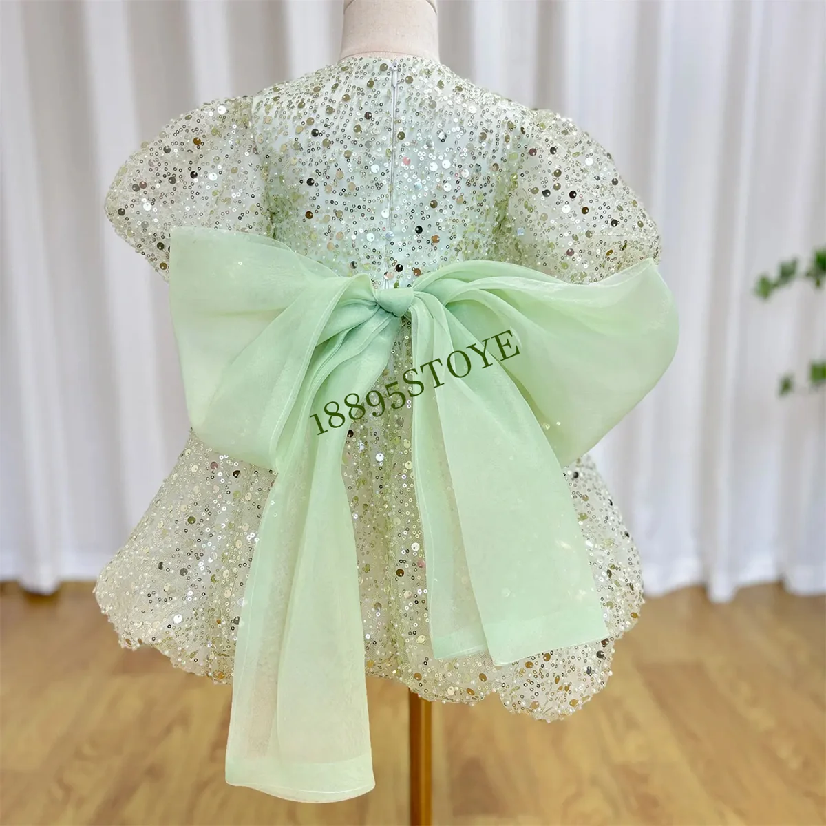 CustomizedLuxury Elegant Shiny Sage Girl Dress Bow Princess Baby Kids Wedding Birthday Party Gown First Communion Pageant