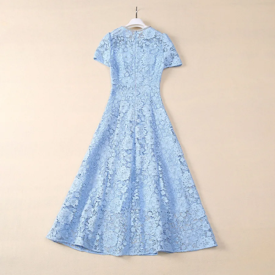 Europe and the United States women's 2024 summer new Round neck Short sleeve blue white nail diamond lace fashion Dress XXL