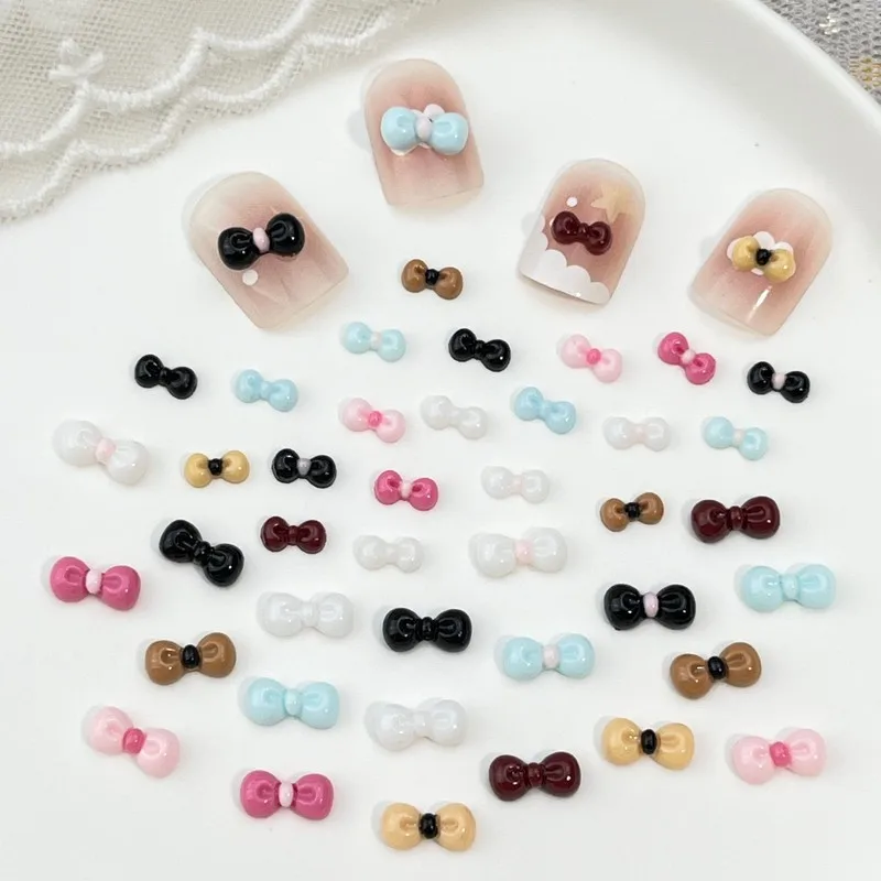 100Pcs Popular Bow Nail Charms Mixed Size Cute Girl Pink Cat Bowknot Resin DIY Press On Nails Nail Art Decor Accessories