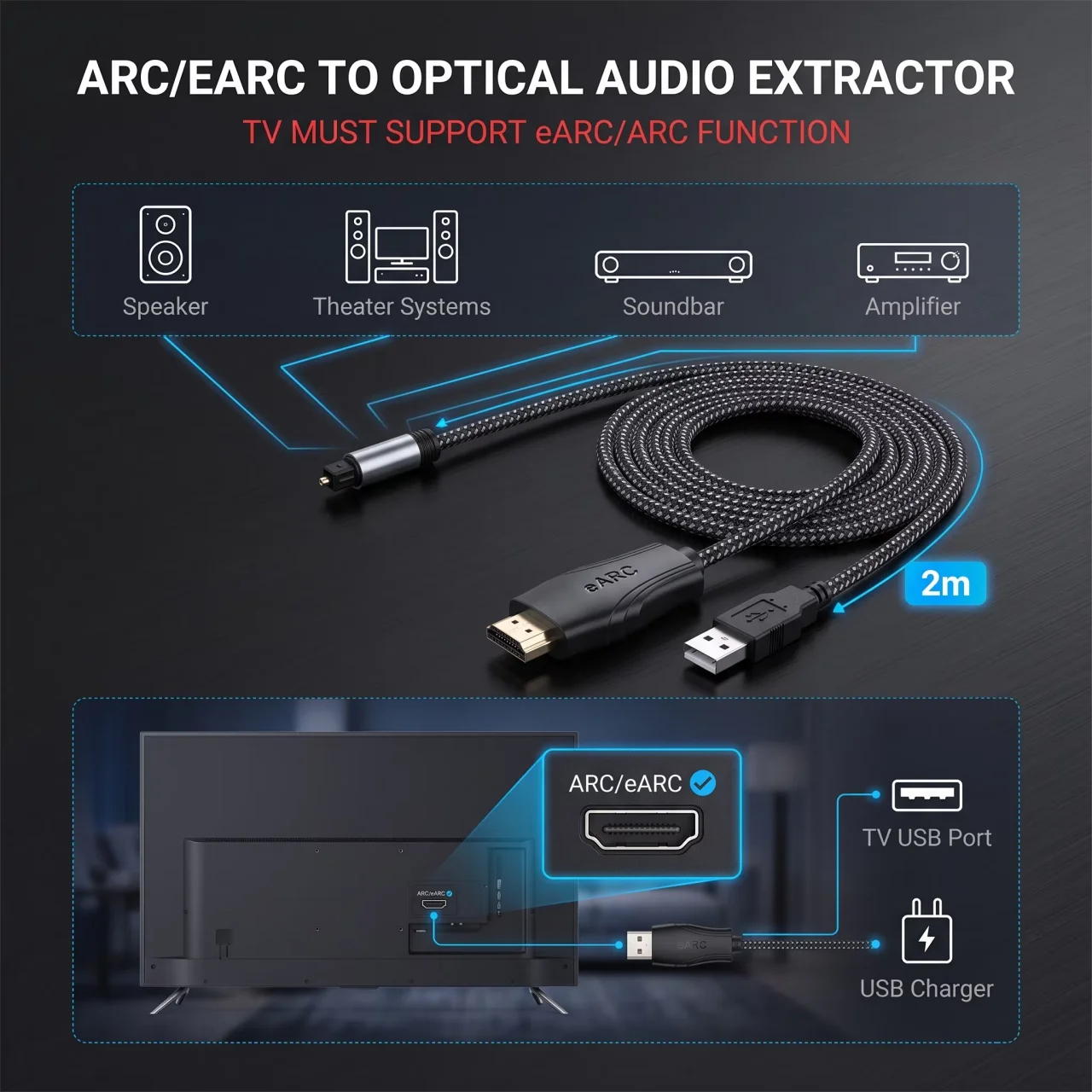 EARC ARC to Optical SPDIF Audio Extractor Cable USB Powered 5.1 Surround Sound Audio Converter For TV Soundbar Amplifier