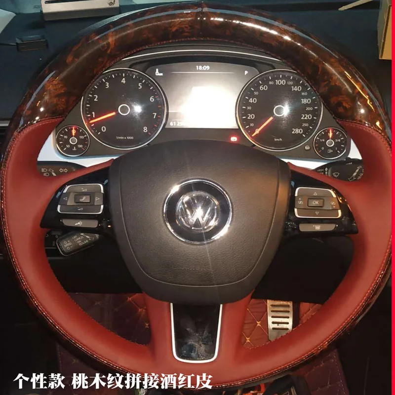 100% Fit For Volkswagen VW Touareg 2011-2023 Auto Parts Hand-stitched black brown Genuine Leather car steering wheel cover