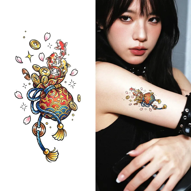 ‘Ancient Coins Sack’ Temporary Tattoo - Vibrant Red & Gold Design with Koi Fish & Daruma for Protection, Waterproof Thigh