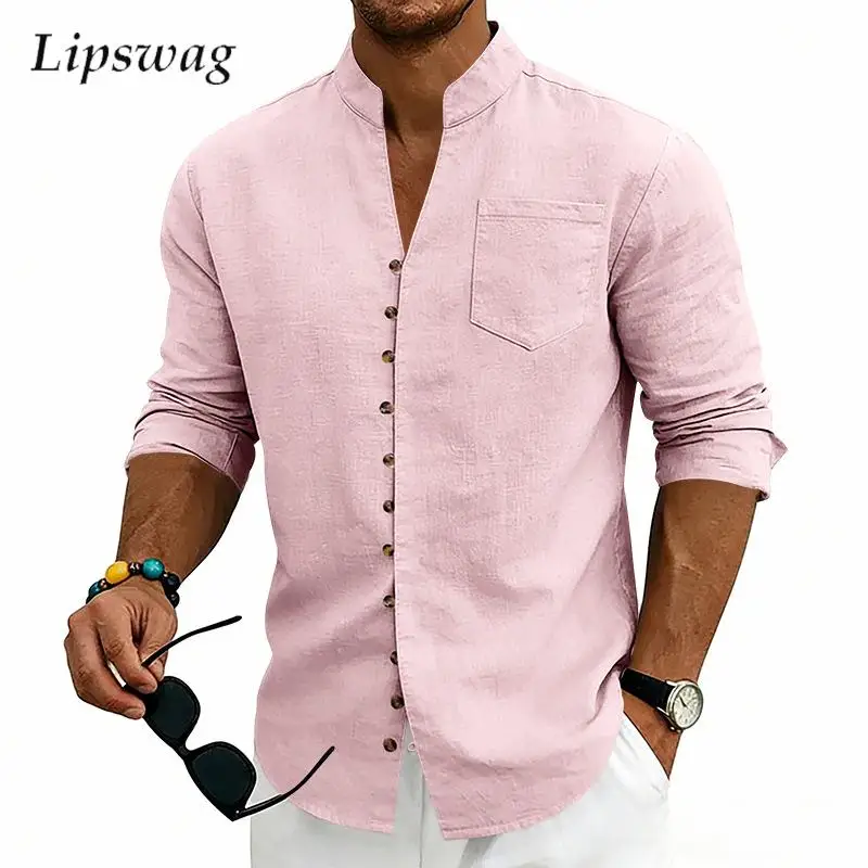 

Vintage Button-up Stand Collar Shirts Mens Casual Solid Color Long Sleeve Linen Shirt Spring Classic Loose Breathable Cardigans