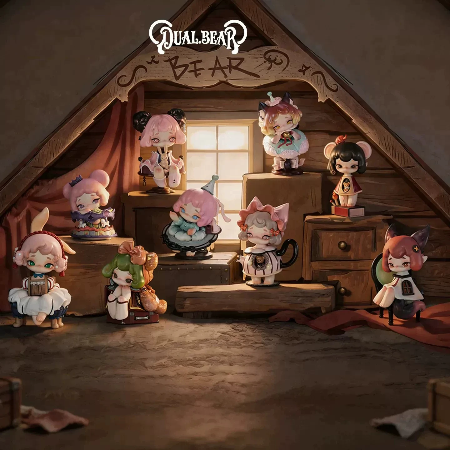 Authentic Toptoy Dual Bear Attic Encounter Blind Box Desktop Ornament Model Vintage Fairytale Style Action Figure Collect Gift