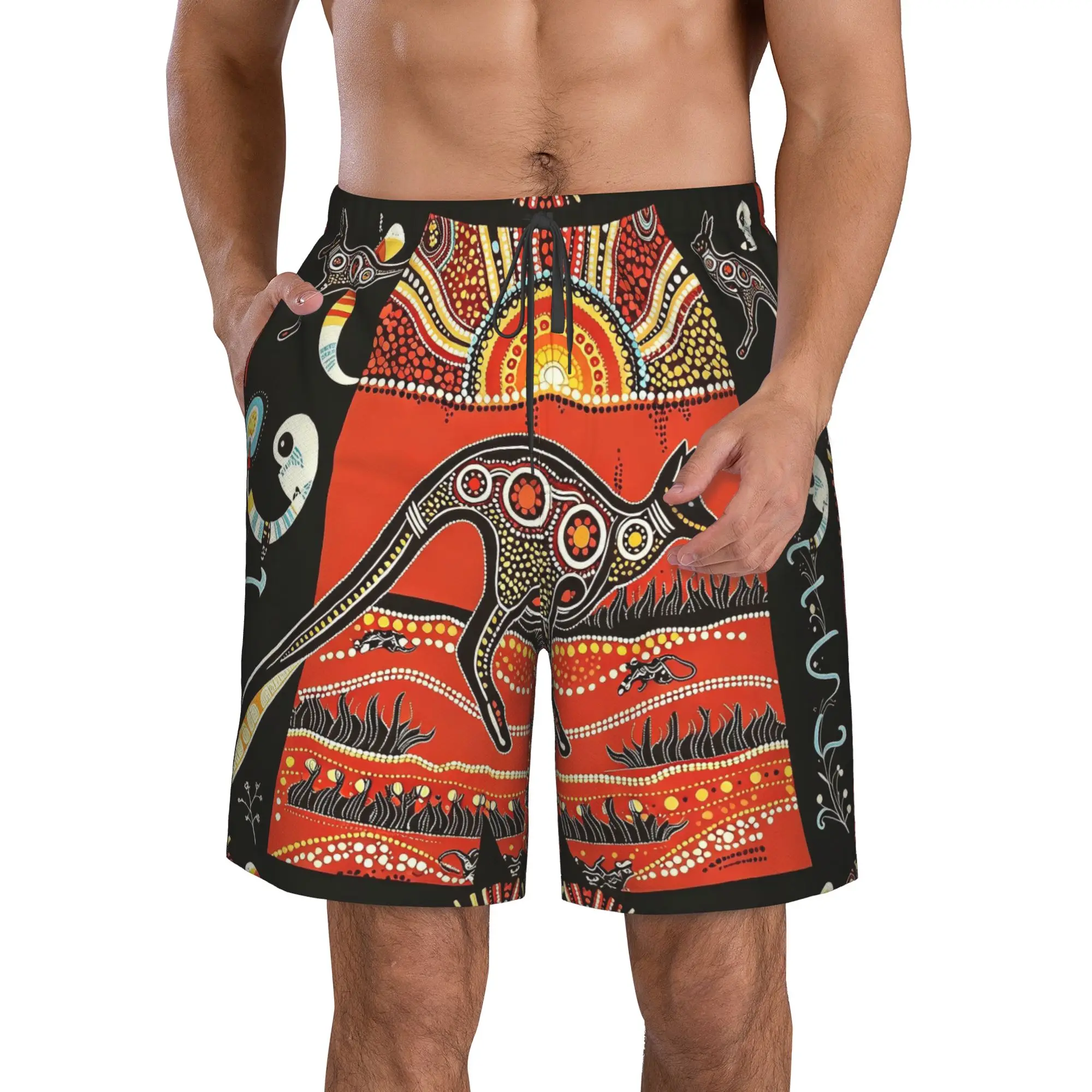 Colorful Kangaroo, Sun, and Abstract Pattern Trunks Beach Board Shorts Casual Quick Dry Swim Summer Men Pants
