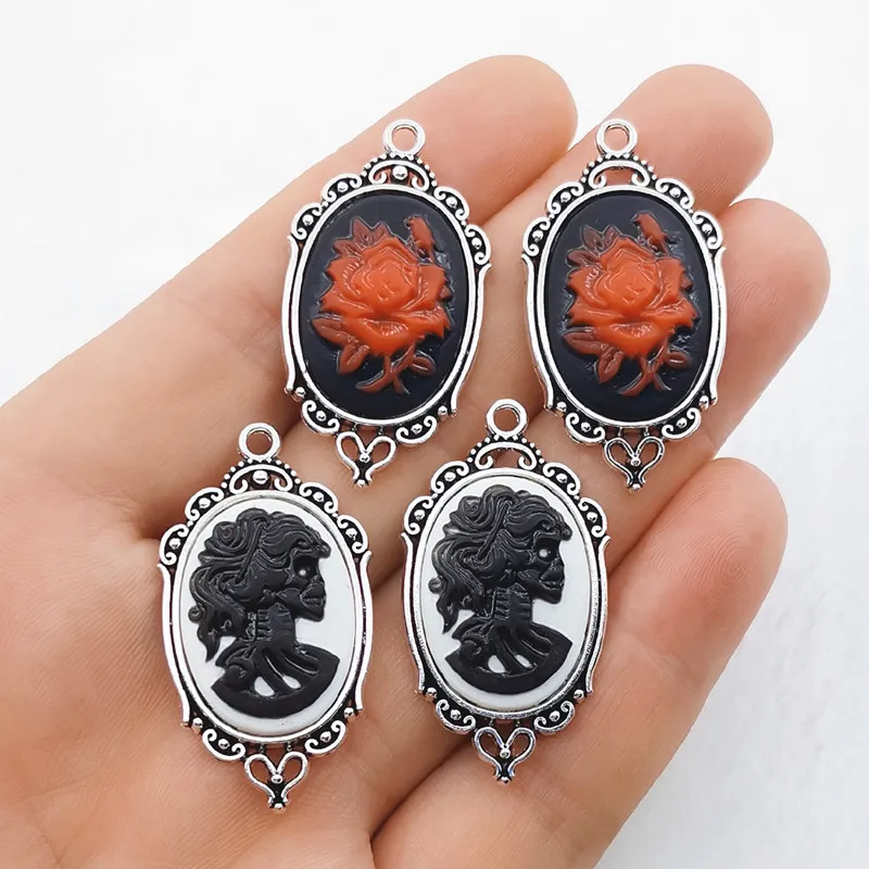 JINDINSP 4pcs 42*23mm Gothic Rose Skull Charms Creepy Lolita Day of The Dead Pendants  Fit Jewelry Making DIY Jewelry Findings