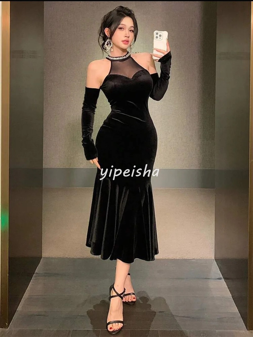 Abiti da cerimonia lunghi su misura con collo alto a sirena classica in velluto con strass di alta qualità personalizzati Abiti da cerimonia su misura Moda sexy