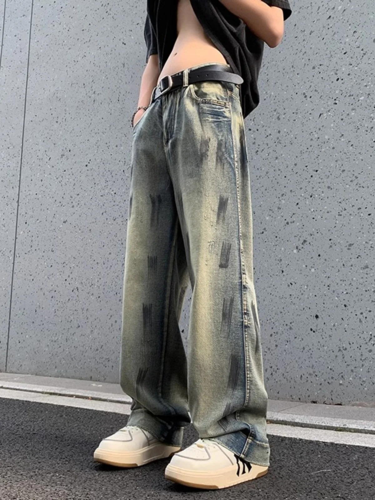 

Heavyweight fiti Loose Wide Leg Men's Jeans American Waed Vintage Retro Flared Straight Long Trousers Casual Youth Jeans