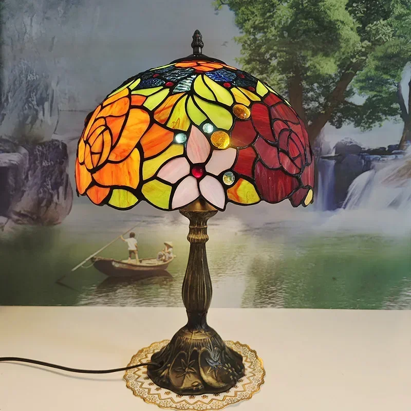 12inch 30cm American Tiffany Lampshade Rose Stained Glass Retro Pastoral Bedside Table Lamp Bar Cafe