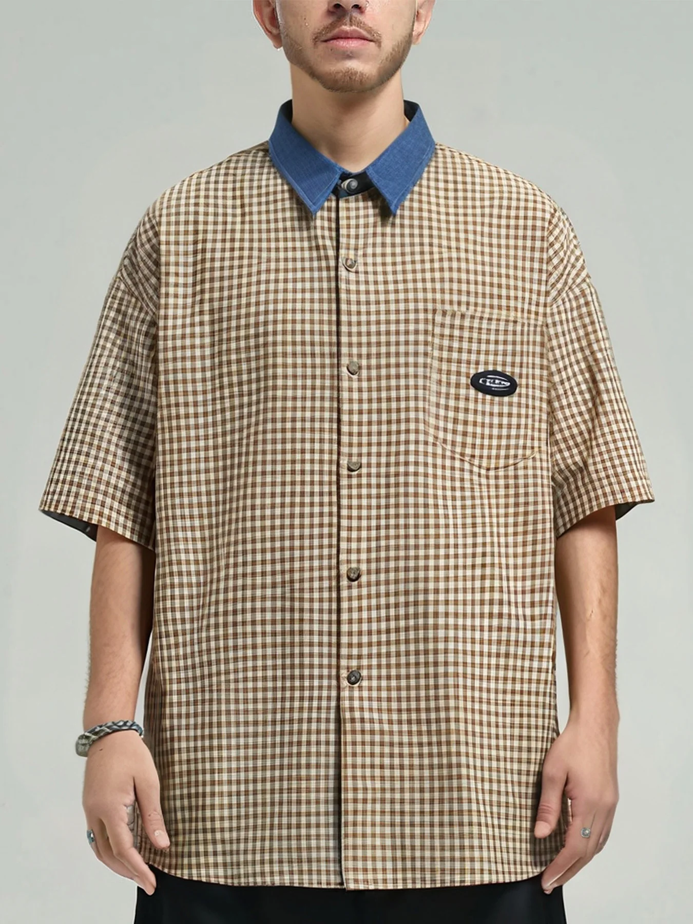 

Sycpman American Style Retro Contrast Checkered Short Sleeved Shirts for Men and Women Trendy Loose Casual Shirt