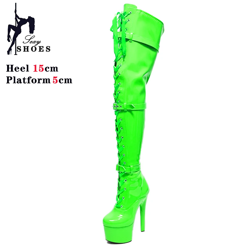 Blue Women\'s Boots Over-the-knee Boots 15CM Stiletto Belt Buckle Ladies Boots Pole Dancing Shoes High Heel Platform Rome Shoes