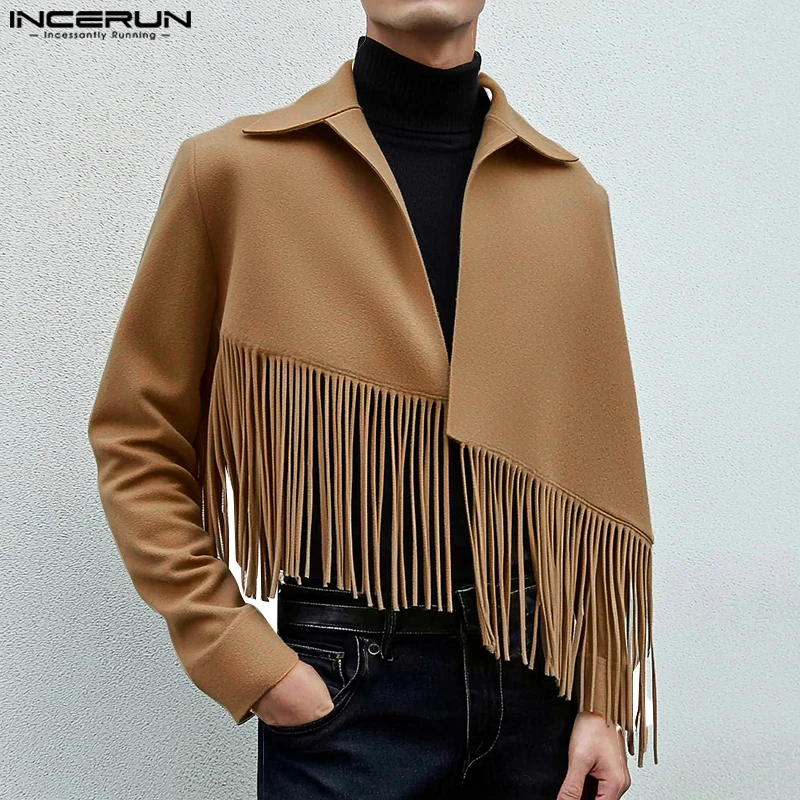 INCERUN Tops American Style Fashion Men's Diagonal Tassel Woolen Jackets Coat Casual Streetwear Male Solid Long Sleeved Jackets