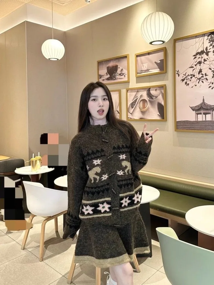 

Autumn Winter Long Sleeve Sweet Knitted Cardigan+ High Waist A-line Skirts Vintage Fel Island Sweater Two Piece Sets
