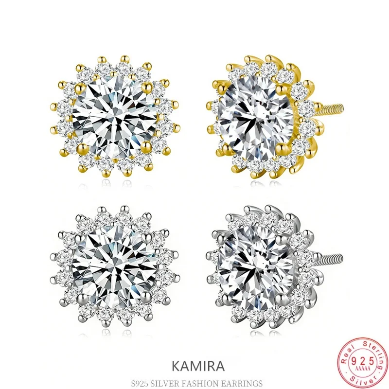 

KAMIRA 925 Sterling Silver Vintage Floral Halo D Color Moissanite Earrings for Gold Plated Wedding Party Statement Earrings