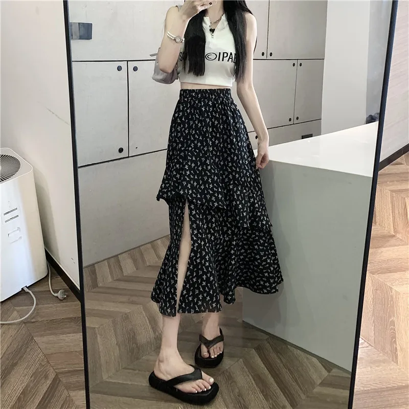 

Summer 2023 New European and American High Waist Ruffled Floral Irregular Halfskirt Versatile Split Wrapped Hip Fishtail Skirt