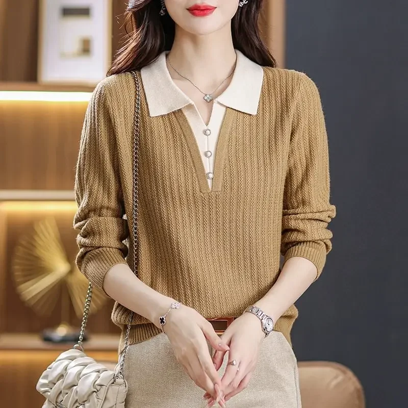 Loose-Fit Slimming Polo Shirt Lapel Autumn Top Women's Knitted Sweater Base Layer Top Two-Piece Illusion Top