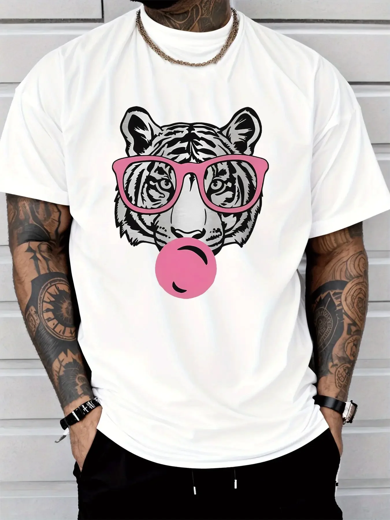 Mens Funny Animal Graphic T Shirt Cool White Tiger Bubble Gum Streetwear Short Sleeve Cotton Hip Hop Casual Summer Tee For Men