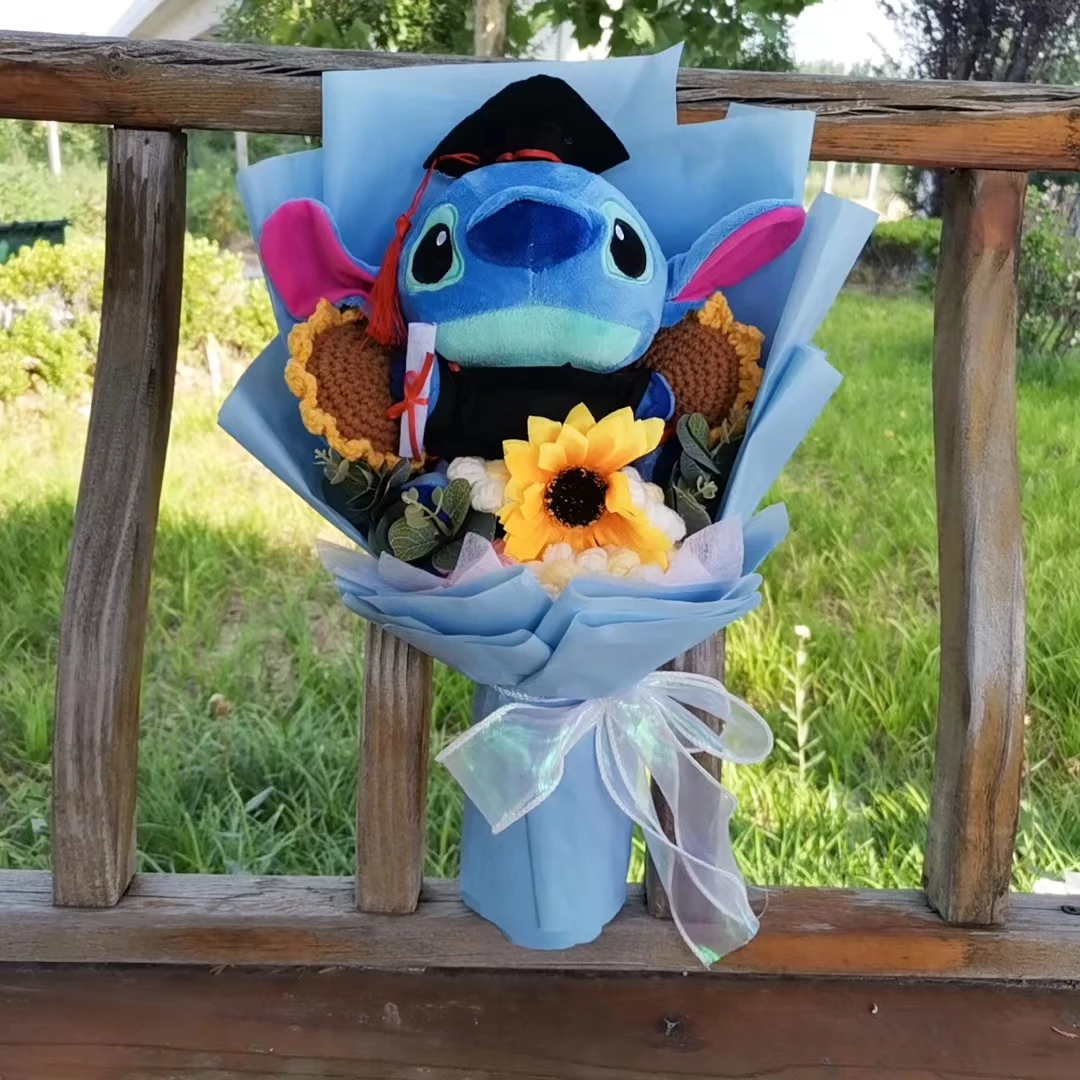 Anime Hot Lilo & Stitch With Handmade Knitting Sunflower Plush Bouquet Toys  Student Graduation Souvenir Birthday Gift