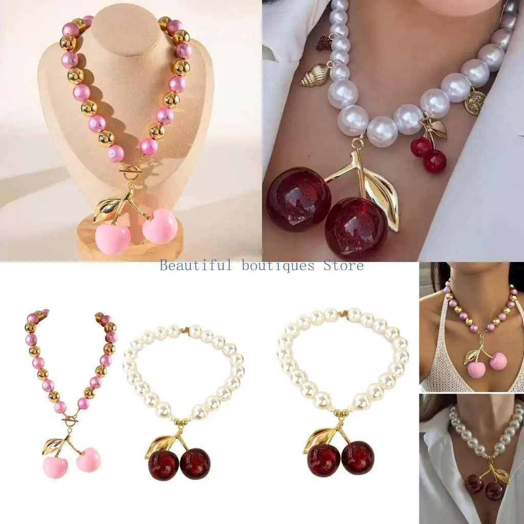 U4LF Fashionable Cherry Inspired Necklace with Pearls Bead Enhances Your Unique