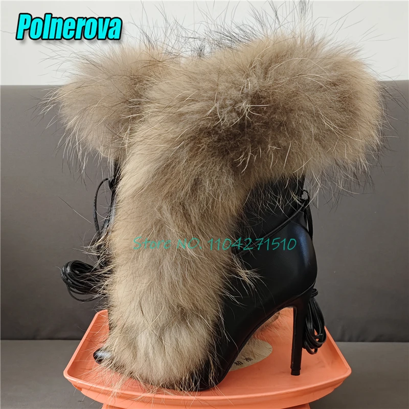 Fluffy Real Fur Ankle Strap Women's Boots Black Leather Splicing Lace-Up Stiletto Short Boots Fashion Pointed Toe High Heels