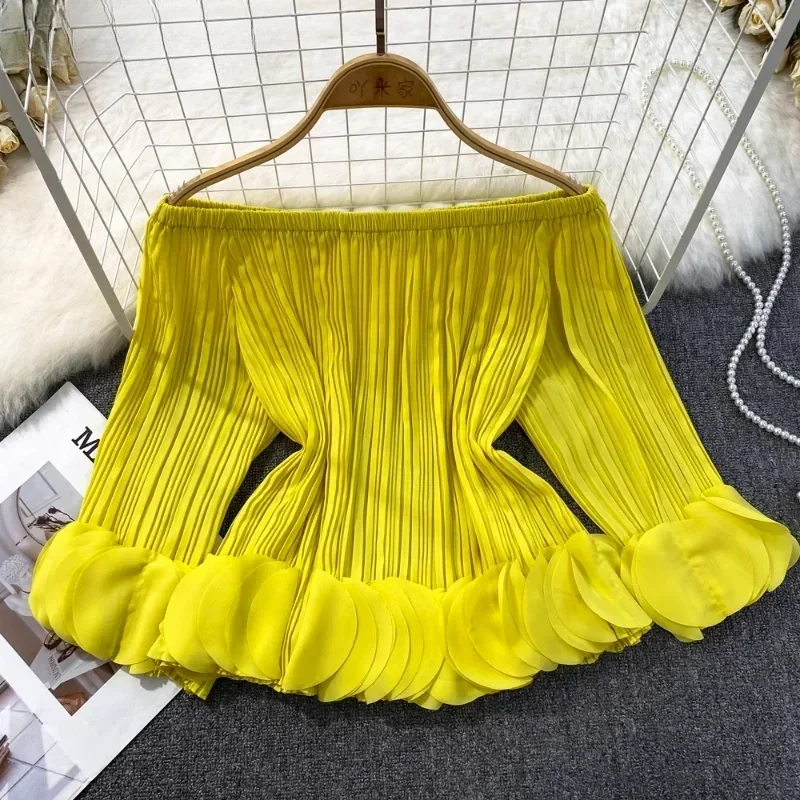 

Slash Neck Women Shirts Solid Off Shoulder Sexy Korean Fashion Vintage Blouses Petal Sleeve Elegant Blusas Mujer