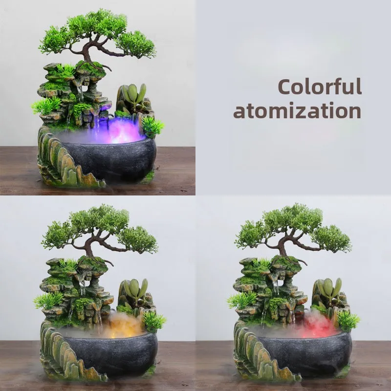 Tabletop Fountain Atomizing Desktop Humidifier with Rockery & Bonsai Home Office Decoration