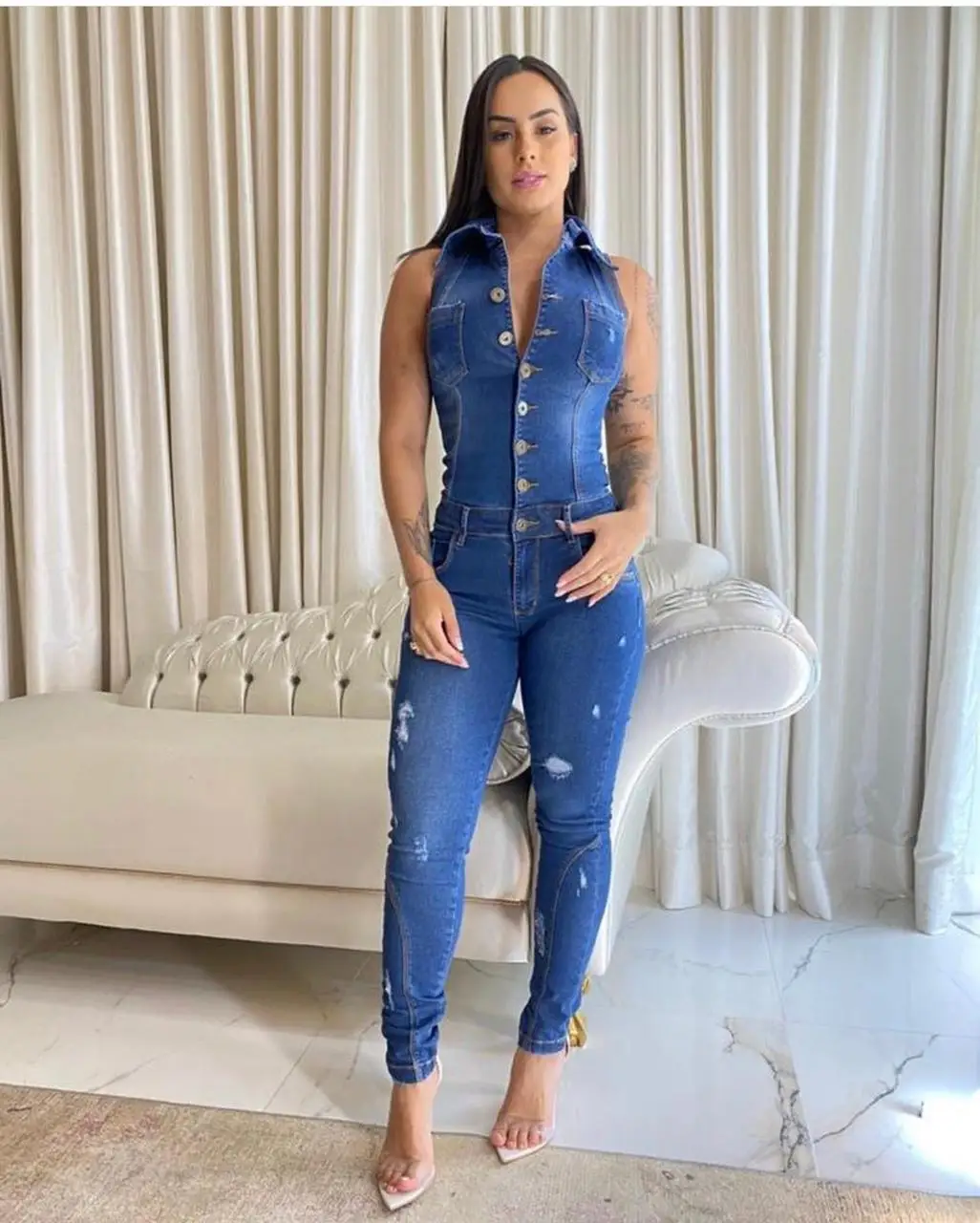 Jeans Stretch Overalls Buttons Female Turn Down Skinny Blue Denim Casual Jumpsuit Rompers