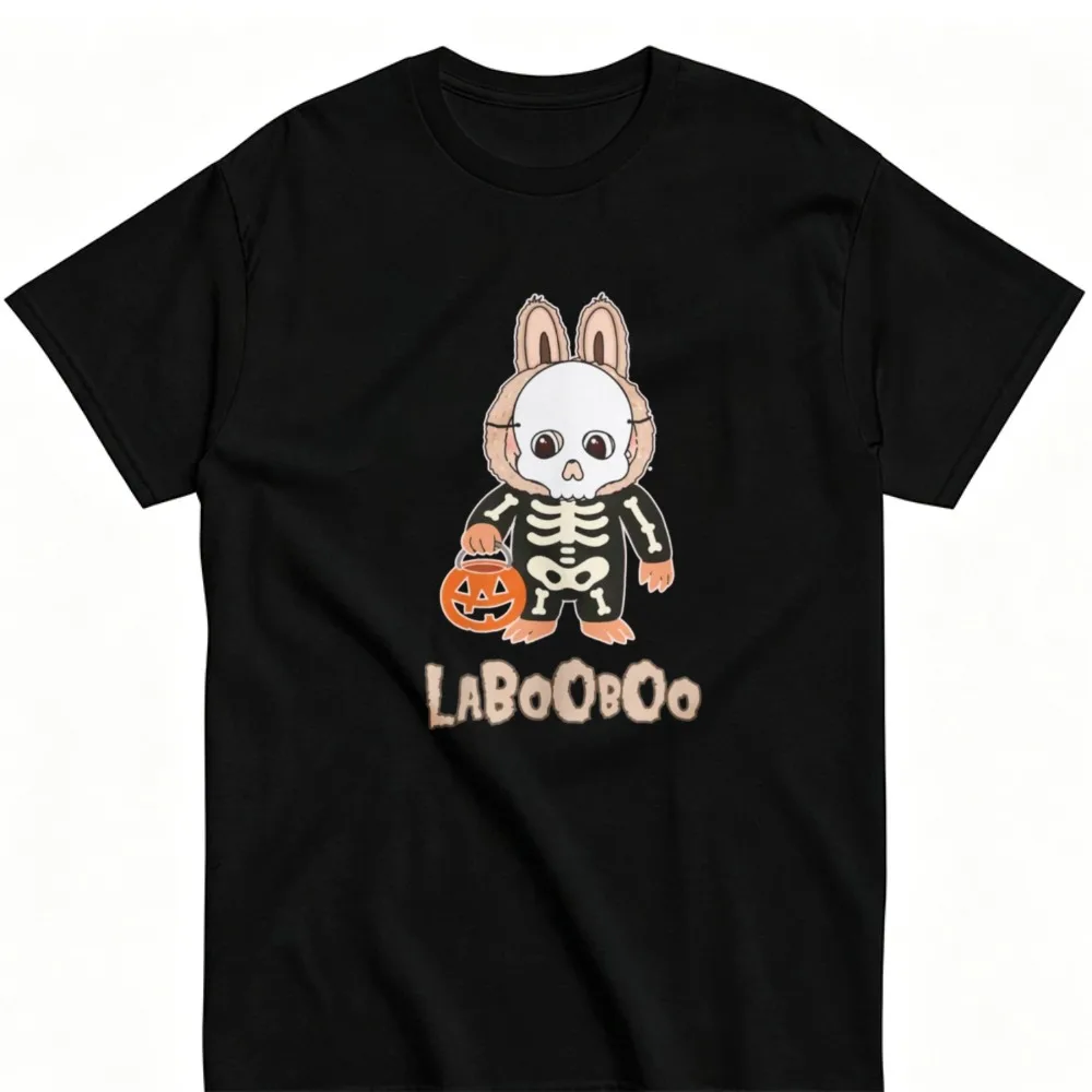 Halloween LaBooboo Skeleton Bunny Graphic T‑Shirt Cute Rabbit Skeleton Holding Pumpkin Bucket Kawaii Spooky Cartoon Casual Tops