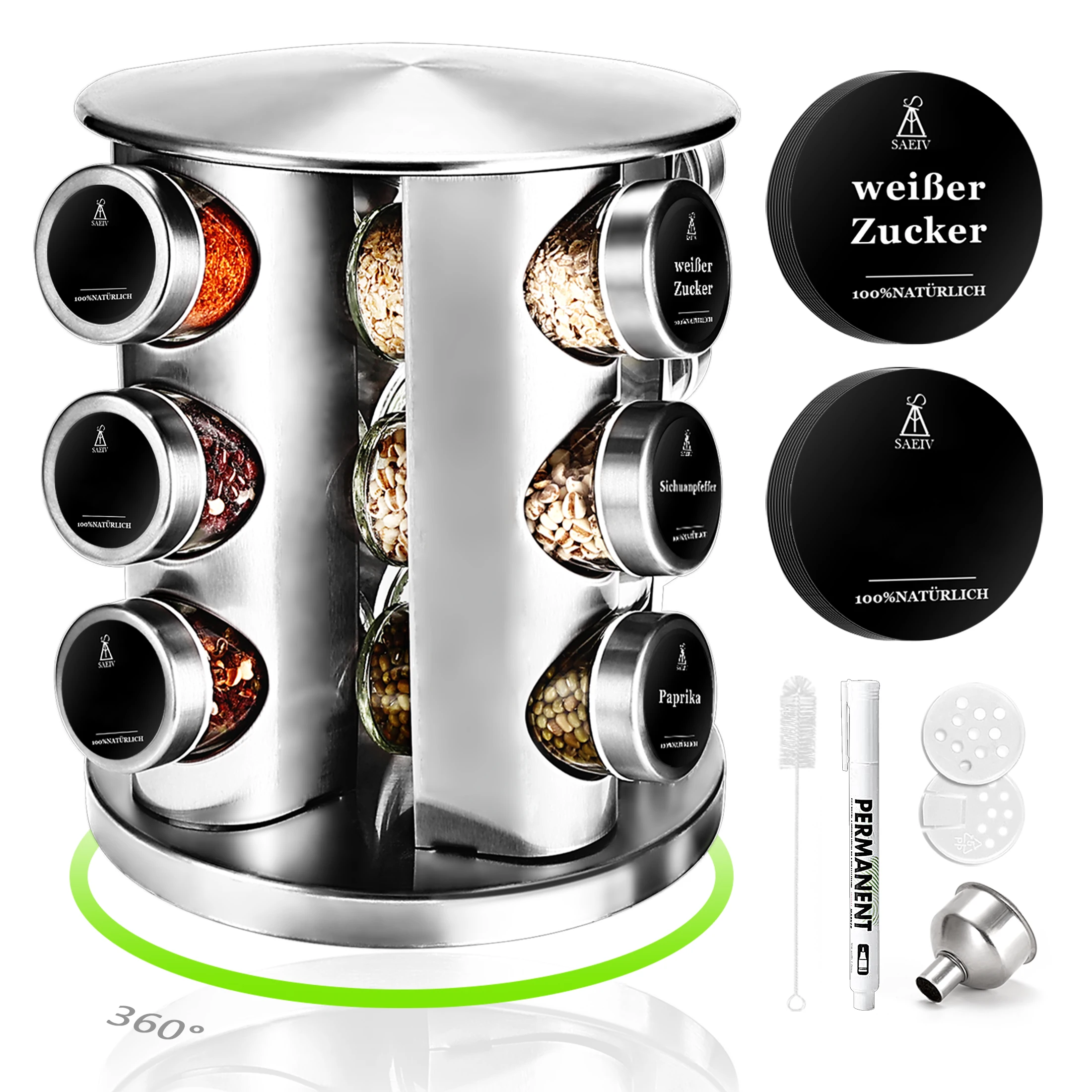 SIAZIH Drehbares Gewürzregal-Set mit 12/20 luftdichten 100ml Gewürzgläsern aus Glas mit Deckeln und Etiketten 360 ° Edelstahl-Gewürzorganizer für die Küchenarbeitsplatte, Gewürzhalter, Küchenlagerung & -organisation | Küchenregal | Gewürz-Organizer – Detail 7