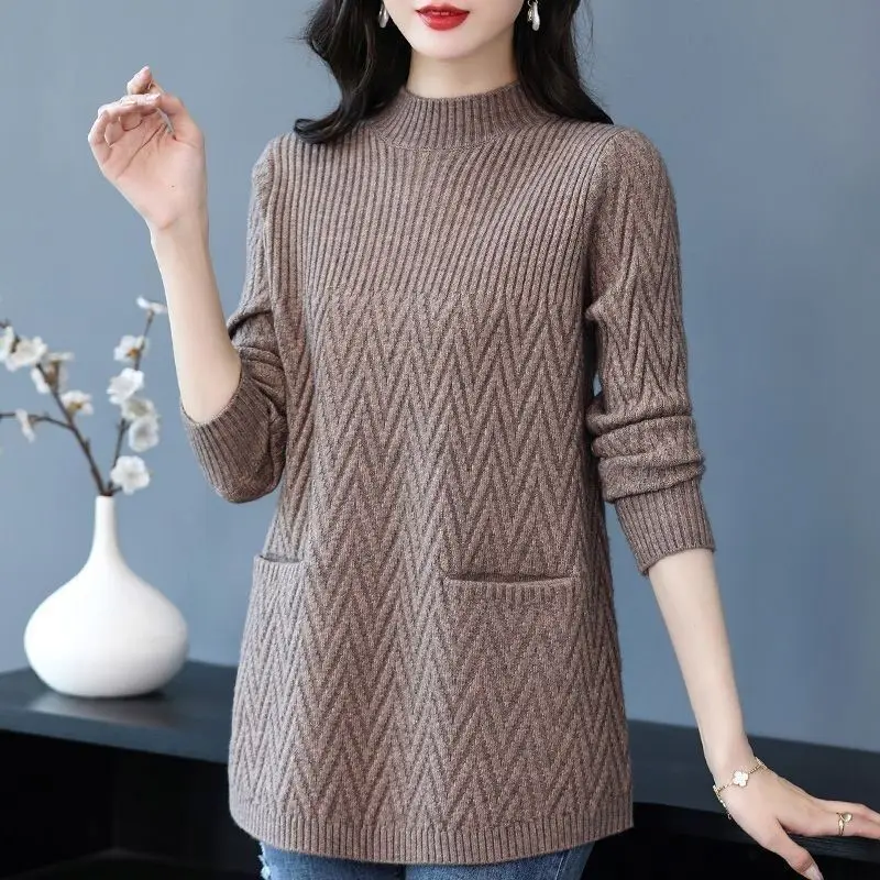 

Double Pockets Loose Medium Long Pullover Sweater for Women Autumn Winter Casual Elegant Knitted Top Fashion Women Clothing