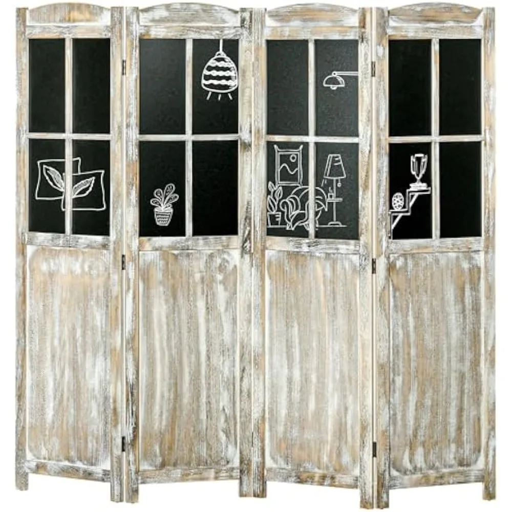 

4 Panel Room Divider, 5.6' Tall Farmhouse Style Folding Indoor Portable Wood Privacy Screen with Black Boards, Hinged