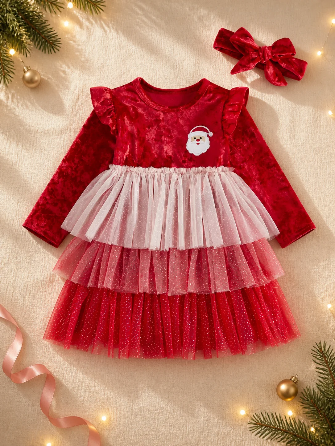 Red Ice Velvet Baby Girl Christmas Dress Set Santa Applique Ruffle Sleeve Gradient Dot Tulle Skirt Matching Velvet Bow Outfit