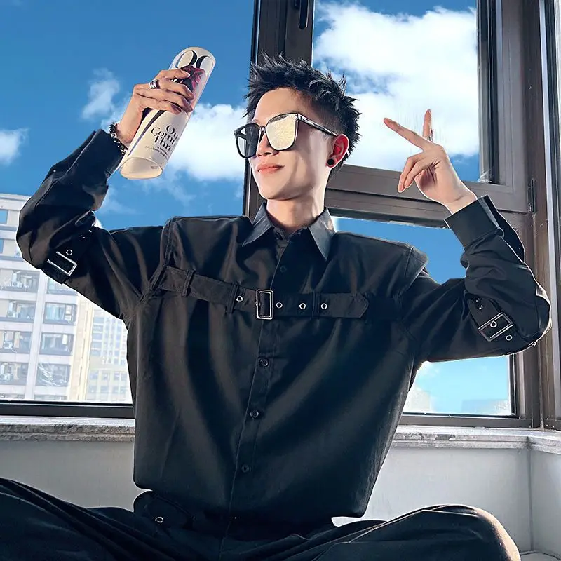 Stylish Belt Cotton Korean Shirt Men's Niche High-end Casual Long-sleeved Autumn Fashion Versatile Hiphop Rock And Roll Blouse
