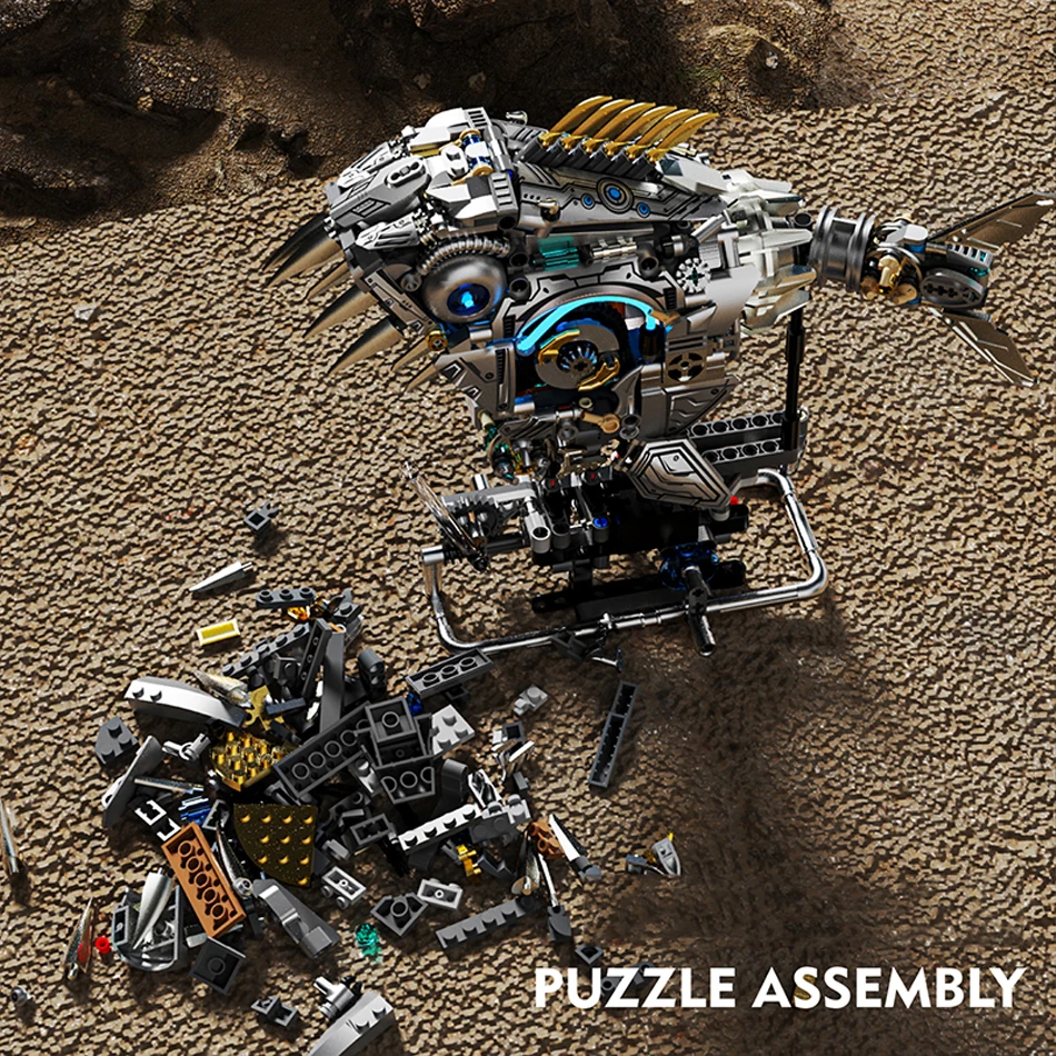 MOC-modelo de pez piraña mecánico, bloques de construcción con Motor ligero, potencia, simulación de mar, animales, montaje de ladrillos, juguetes, regalos para niños