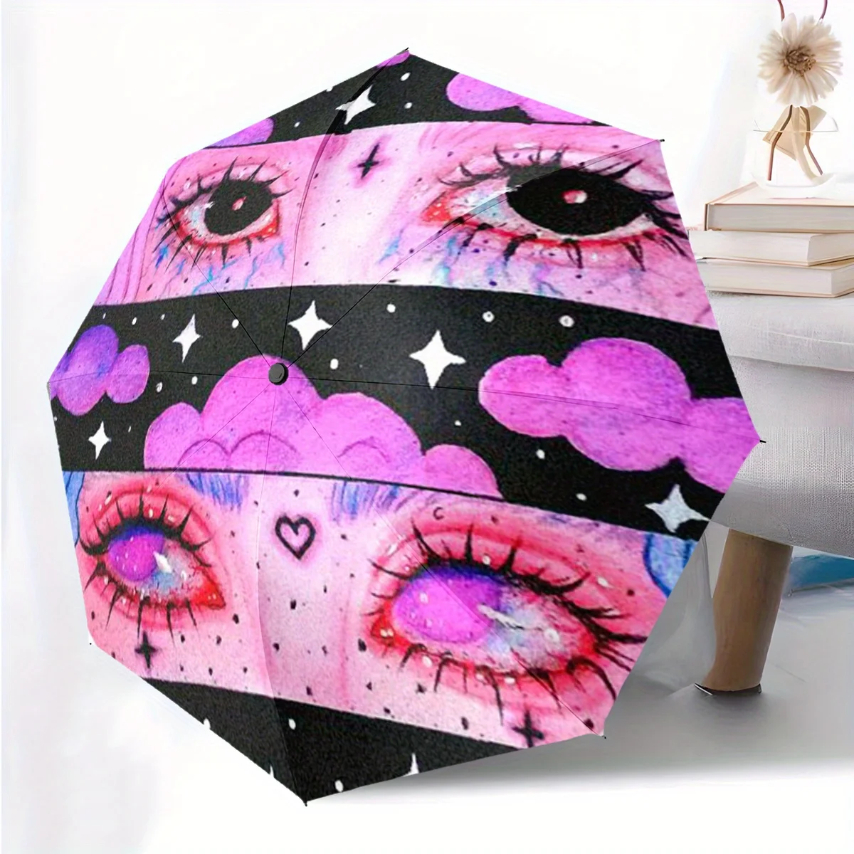 

1pc Automatic Folding Umbrella with Ins Eyes Art Pattern - 8-Rib Portable Design, Vibrant Pink & Black Floral & Starry Night P
