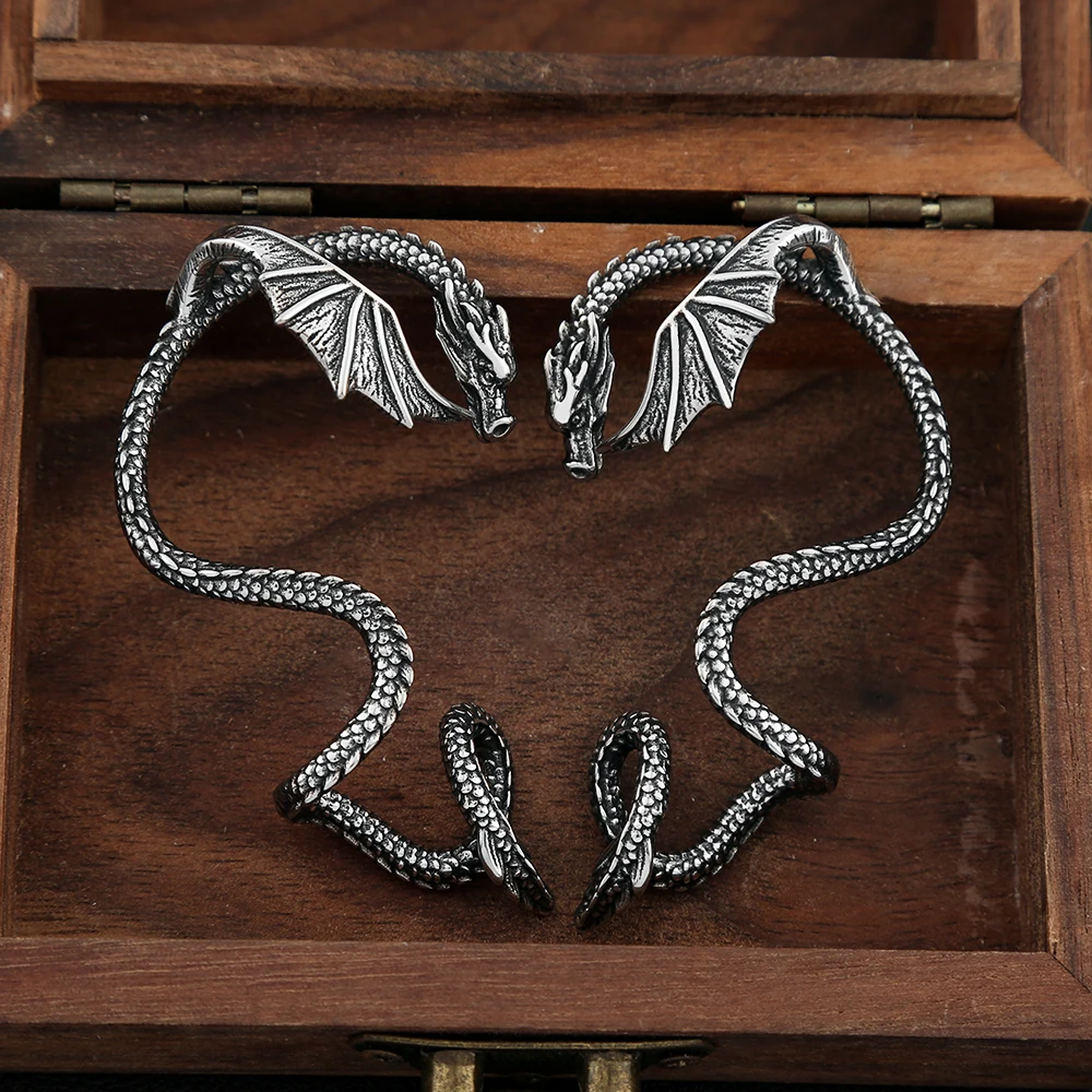 Vintage Domineering Winged Dragon Earrings Stainless Steel Punk Fashion Dragon Cuff Earring For Men Women Biker Animal Jewelry