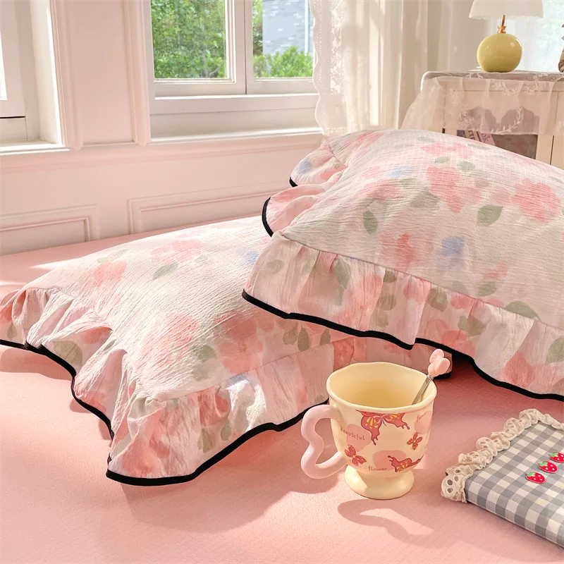 2pcs Korean Style Girly Heart Floral Double Layer Gauze Pillowcases Princess Sweet Lace Ruffled Trim Pillow Cover Pillow Bag