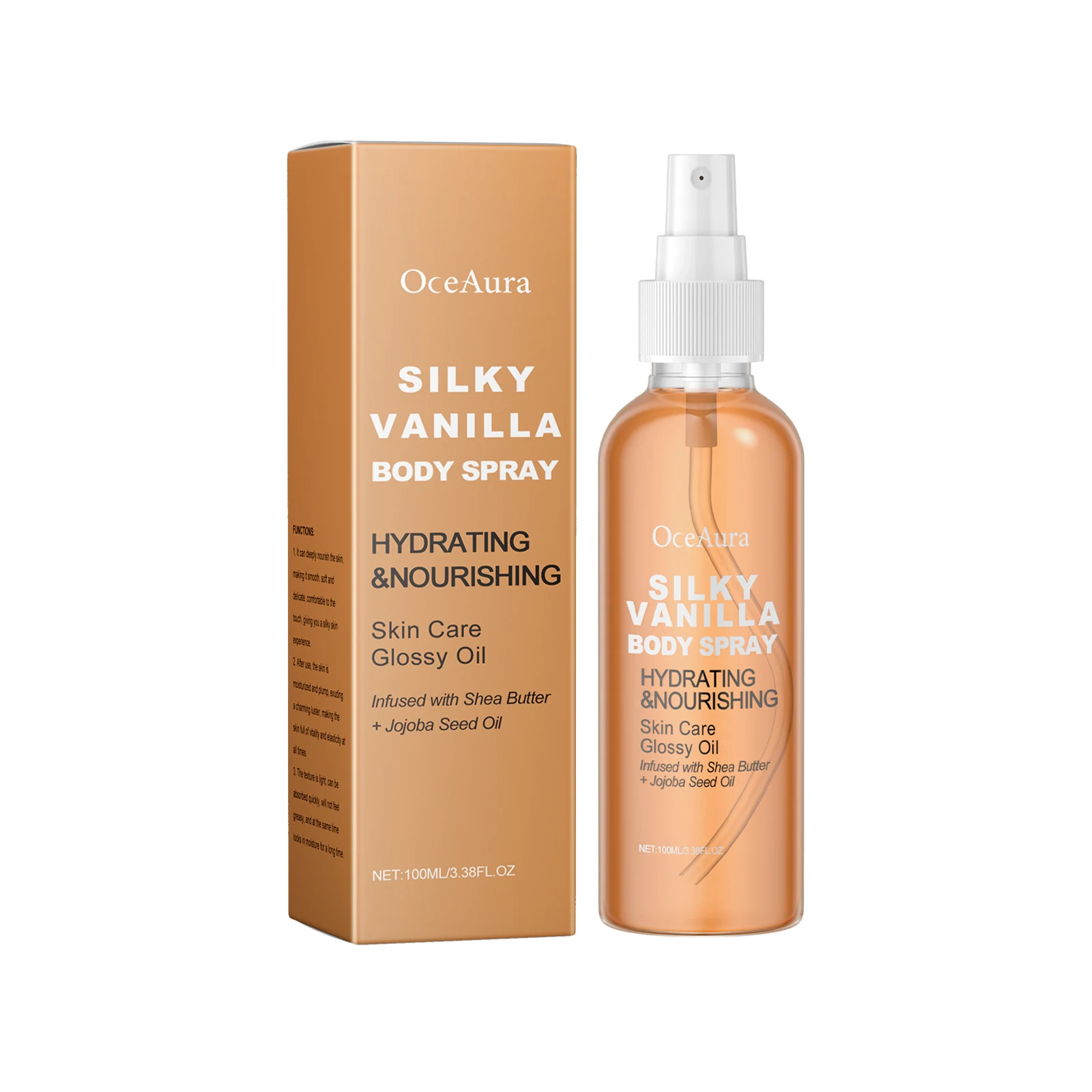 OceAura Vanilla Body Oil for Glowing Skin Elasticity Enhanced Hydrating Silky Glossy Jojoba Oil Organic Body Massage Oil Spray
