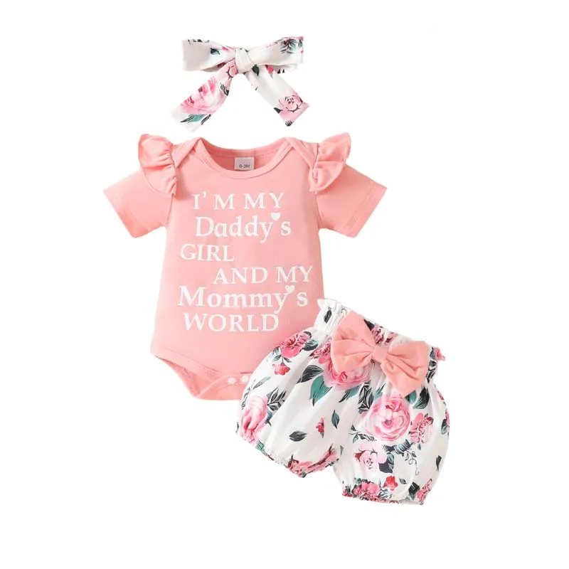 

Summer Newborn Baby Girl Clothes Sets Short Sleeves Jumpsuits Floral Bow Shorts With Hairband 3Pcs Set Baby Outfits 0-18 Months