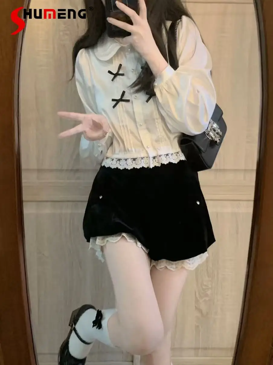 Japanese Sweet Preppy Style Doll Collar Long Sleeve Bow Shirt Top Lace Splice High Waist Slim Shorts Two-piece Set Women Spring