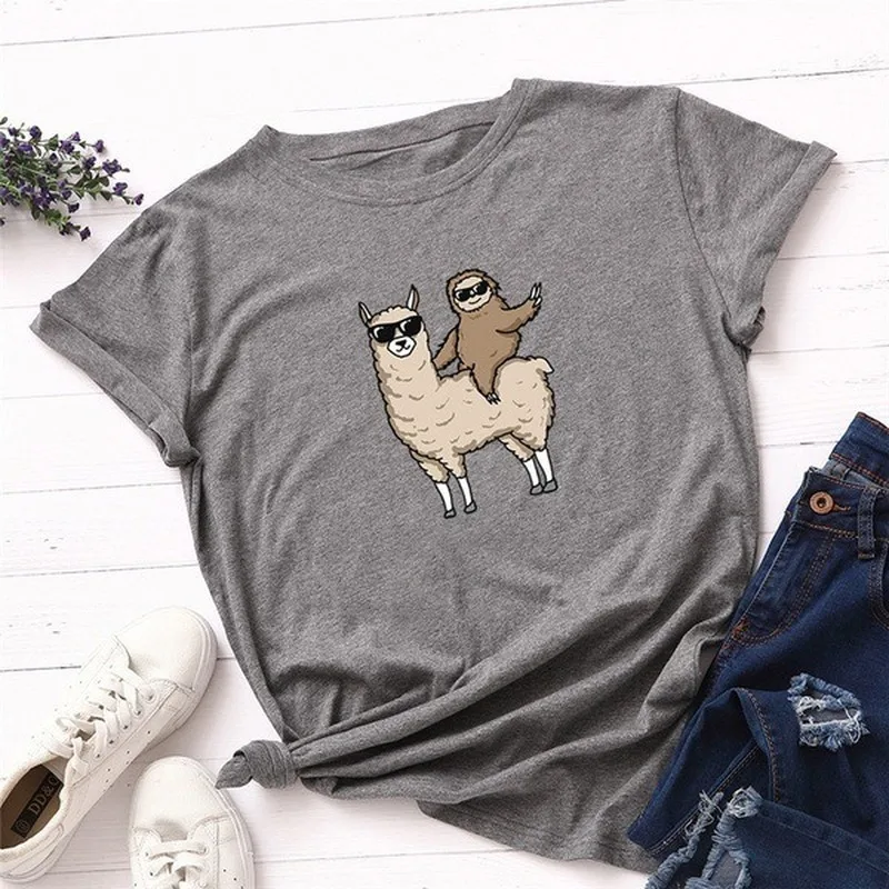 Funny Sloth Alpaca Print Women T Shirt Short Sleeve O Neck Loose Women Tshirt Ladies Fashion Tee Shirt Tops Clothes Mujer