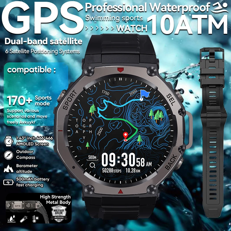 T-rex 3 Ultra GPS reloj inteligente 5 ATM impermeable incorporado de doble banda GNSS brújula militar deporte Smartwatch hombres 2025 nuevo para Huami