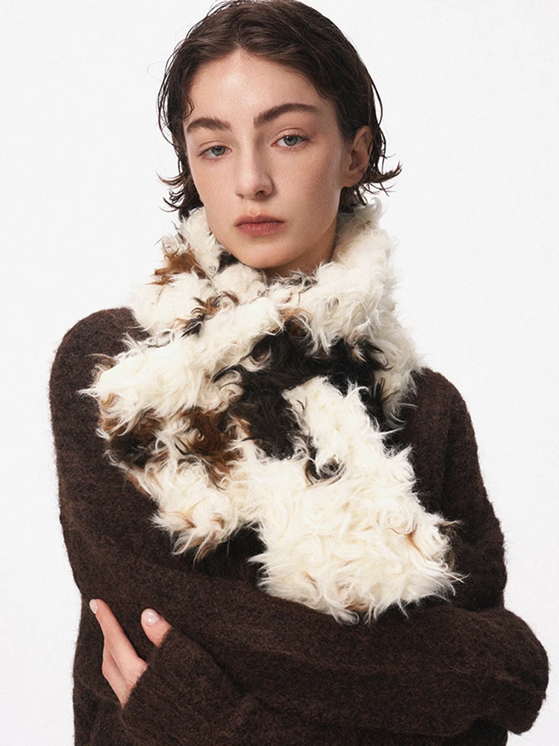 ZADORIN Faux Sheep Fur Scarf Women Winter Warm Cross Patterned Thick Plush Fur Shawl Luxury Elegant Versatile Wrap Korean Style