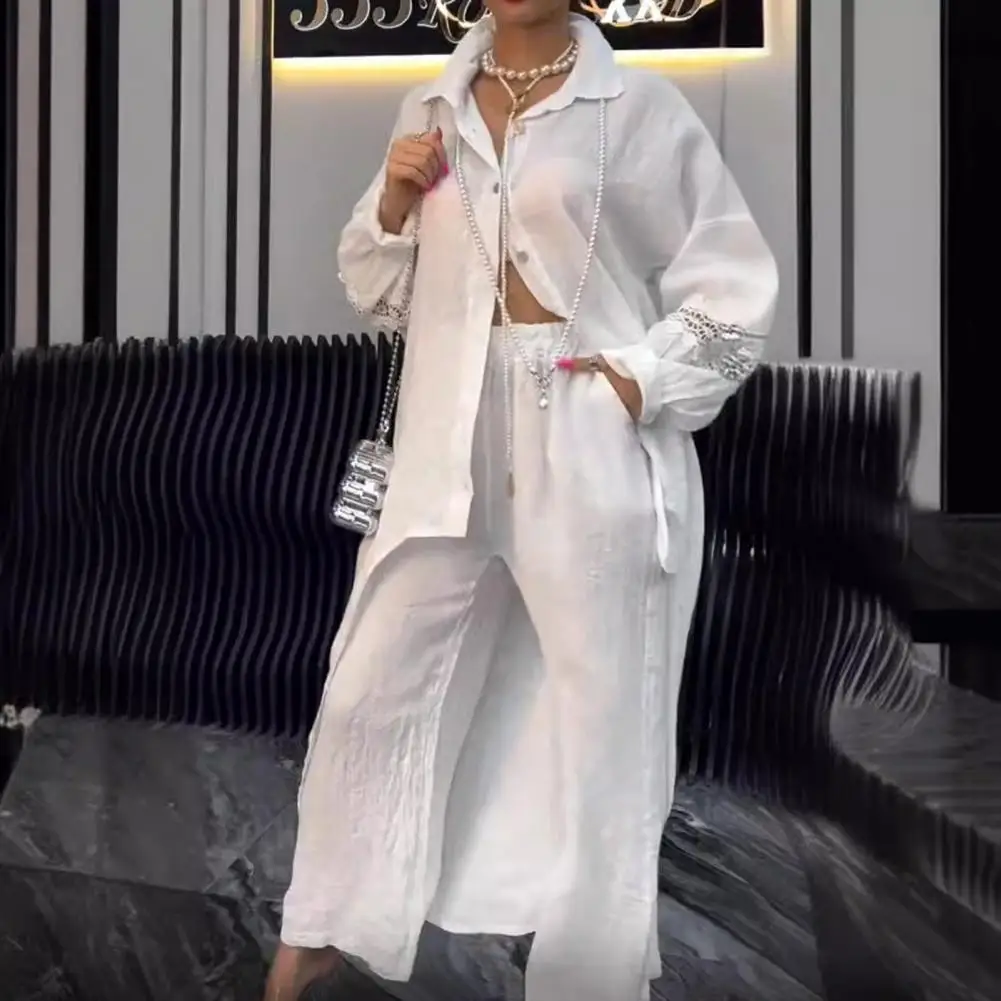 Setelan renda dua potong elegan renda, kemeja pinggang elastis celana panjang untuk wanita blus Hem tidak teratur gaya untuk musim gugur