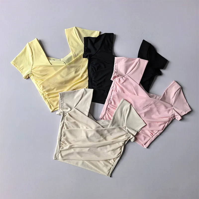 Gepolsterte Yoga-Shirts für Damen, kurzärmeliges Sport-Crop-Top, Fitness-Workout-T-Shirt, sexy, kurzes Laufshirt, Sportbekleidung für das Fitnessstudio. – Detail 2