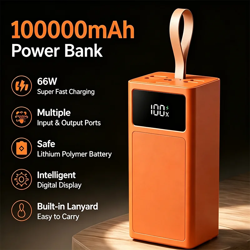 Power bank da 100.000 mAh, ricarica rapida da 66 W, display digitale intelligente, cordino integrato, possibilità di ricaricare contemporaneamente più dispositivi, batteria al litio-polimero sicura.