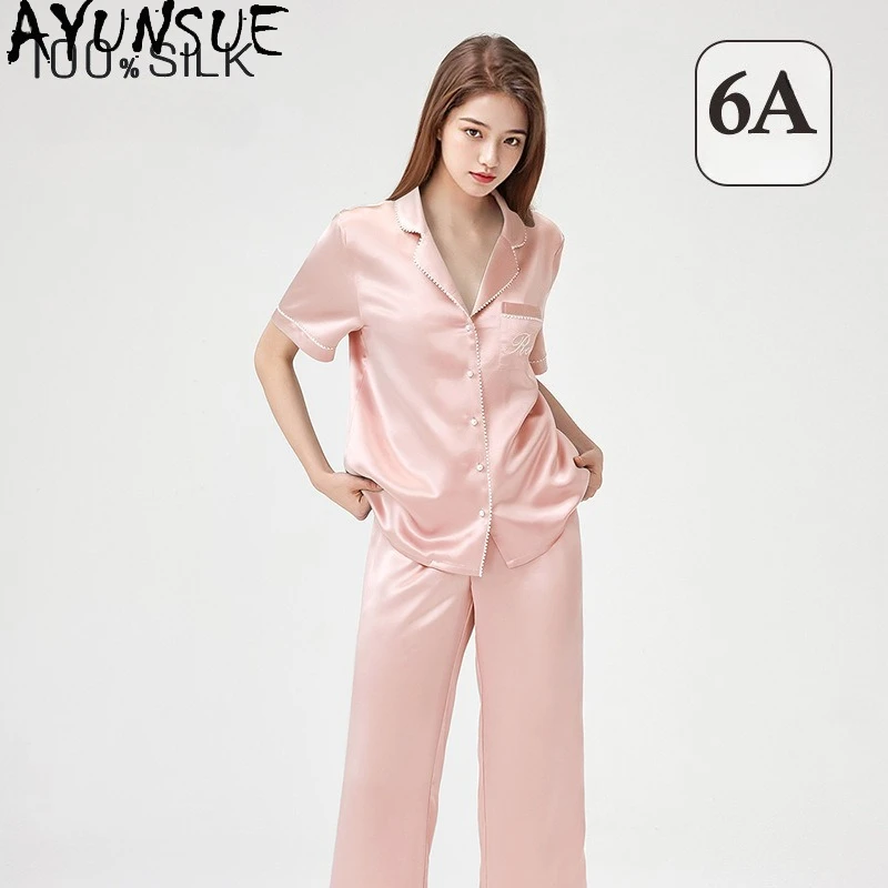 

AYUNSUE 100% шелковые пижамы из тутового шелкопряда для женщин, 19 мм, летняя новинка 2026 года, комплект для сна с короткими рукавами, халаты, пижамы, пигиамы, донна