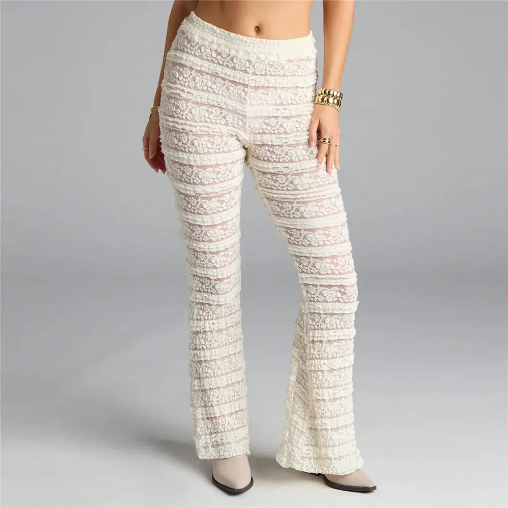 Women's Floral Lace Trousers High Elastic Waist Casual Soild Color See Through Flare Pants Retro Vintage Y2K Aesthetic Clothes