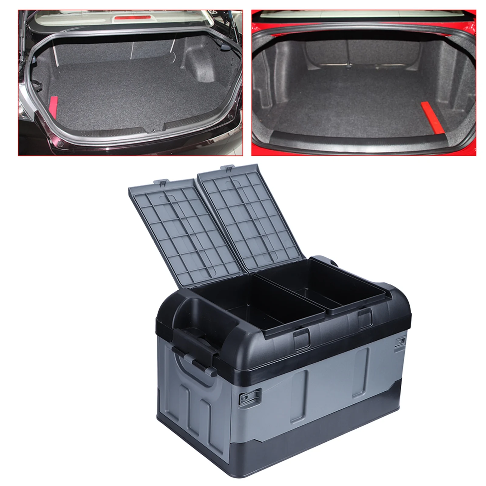 

High Cover PP Plastic 60kg/132.28Ib Load Two Compartments Home Trunk Storage Box Trunk Organizer for Outdoor Trips
