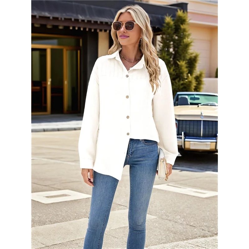 

Womens Long Sleeve Button Down Shirts Oversized Collared Drop Shoulder Work Tops Textured Loose Blouse